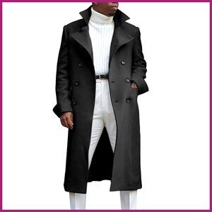 Men's Notch Lapel Double Breasted Long Trench Coat Cotton Blend Peacoat